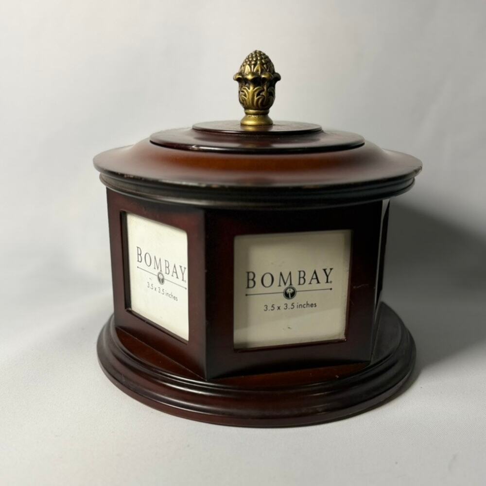 Bombay CO. Mahogany Wood Rotating Picture Frame Box Pineapple Finial Carousel